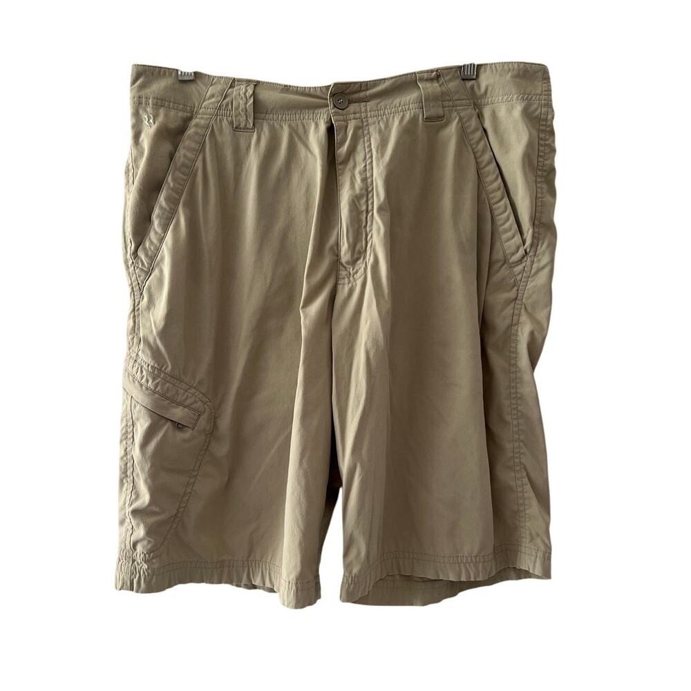 Royal Robbins Mens Khaki Tan Adventure Shorts 34W Zipper Pockets Excellent